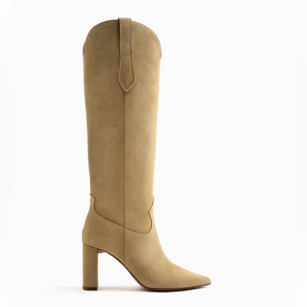 Zara boots leather suede tan camel high tops knee heels heeled cowboy - Picture 4 of 8